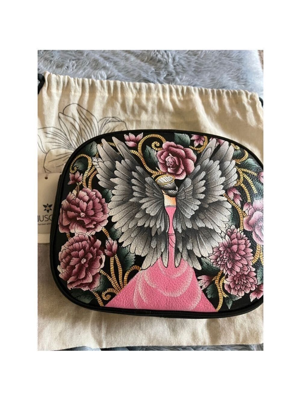 NWT Anuschka Handbag Black/Pink Floral Wings Guardian Angel Crossbody/Clutch